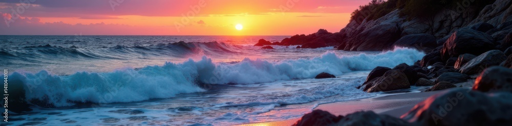 Fototapeta premium Ocean waves crashing against a rocky shoreline at sunset, coastal scenery, rock shores