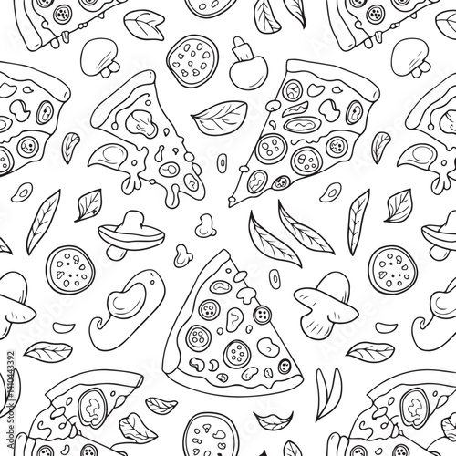 Pizza Pattern Doodle with Mushrooms and Toppings