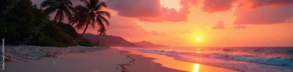 Warm sandy beach at dusk with palm trees and a vintage sunset filter, sand, palm trees Warm sandy beach at dusk with palm trees and a vintage sunset filter, sand, palm trees