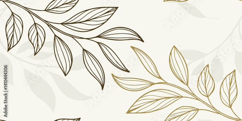 Delicate botanical illustration, flowing leaf branches, minimalist line drawing, gold and gray tones, textured paper background, elegant nature sketch, simple organic curves, subtle shading, 