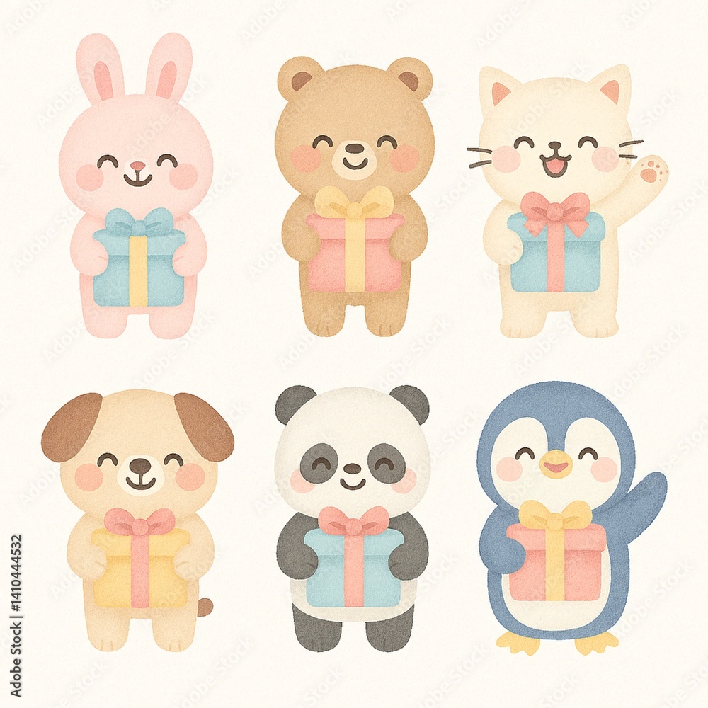 Kawaii Gift Characters – Cute Animals Holding Presents in Sticker Style