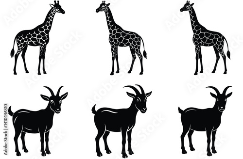 Giraffe silhouette vector set includes wild mammal and antlered animal silhouettes