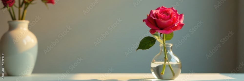 Fototapeta premium A single rose in a minimalist vase with soft focus and warm lighting, beauty products, rose