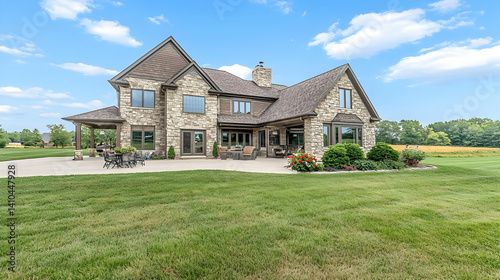Stunning Modern Rustic Stone House Exterior With Patio And Landscaping