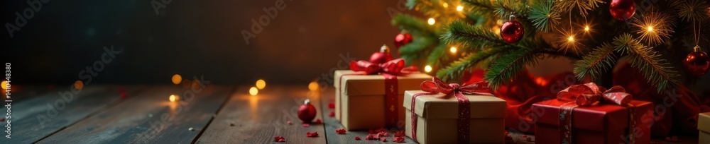 Sparkling lights adorn the beautifully decorated Christmas tree as it sits atop a bed of presents and garlands , string lights, holiday centerpiece Sparkling lights adorn the beautifully decorated Christmas tree as it sits atop a bed of presents and garlands , string lights, holiday centerpiece