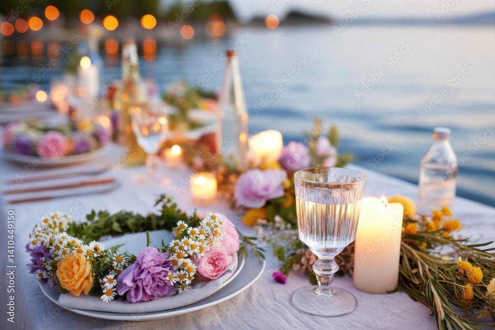 Naklejka premium Flower crowns decorating a festive table by the sea at sunset