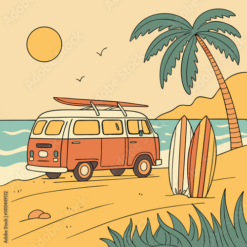 Print A retro van with surfboards parked on a sunny beach.