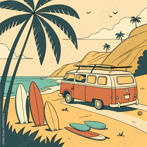 Print A retro van with surfboards parked on a sunny beach.