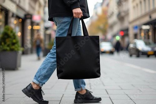 mockups tote bag Young man with a black bag walking on the street in the city