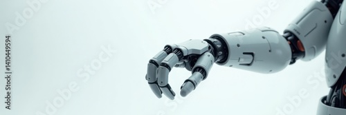 Robotic arm suspended in mid-air within a stark white futuristic environment, industrial, sterile