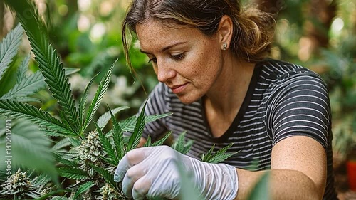 Woman inspecting plant in garden setting photo