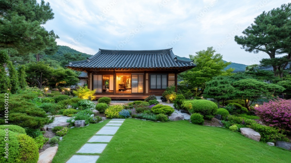 Serene Traditional House Surrounded by Lush Green Garden and Scenic Mountain View at Dusk Serene Traditional House Surrounded by Lush Green Garden and Scenic Mountain View at Dusk