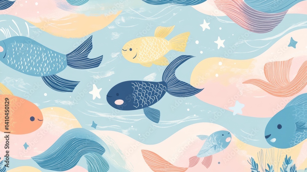 A lively underwater scene with colorful fish swimming amidst bubbles and plants. A lively underwater scene with colorful fish swimming amidst bubbles and plants.