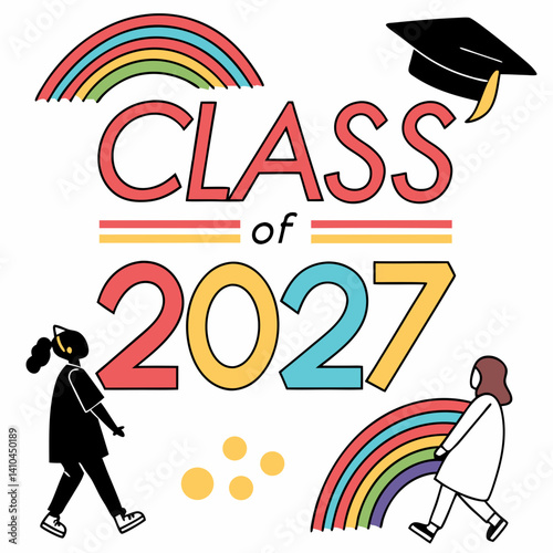 Class Of 2027 Graduation Illustration With Rainbows And Graduation Cap