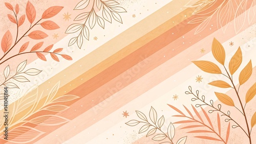 Abstract Autumn-Inspired Botanical Pattern with Warm Orange, Peach, and Beige Leaves and Elegant Diagonal Stripes