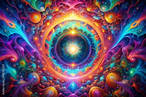 Vivid abstract psychedelic portal bursting with color, swirling patterns, and acid trip dream energy