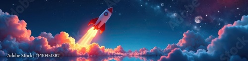 Rocket ship takes off from blue graph upward trend, ascension, blast