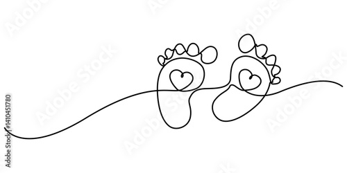 Continuous single line Baby foot one line style. Hand drawing. stock illustration, Little kids feet. Tiny foots. One single line drawing of feet, PrintFoot single line art, continuous one line drawing