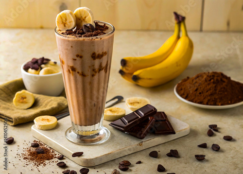 Hot coffee and sweet chocolate complement a delicious banana smoothie, a brown breakfast beverage