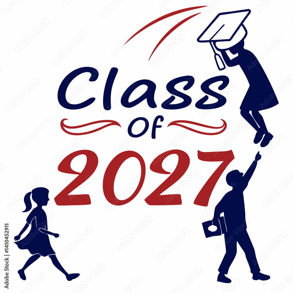 Fototapeta premium Class Of 2027 Graduation Celebration With Graduates Silhouette Design Vector Illustration