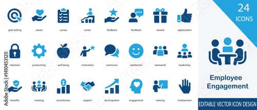 A modern vector illustration depicting employee engagement in the workplace. It highlights motivated employees, teamwork, collaboration, performance appreciation, and a positive work culture. 

