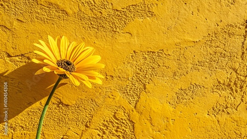 Bright Yellow Daisy Flower Against a Textured Yellow Wall – Minimalistic Natural Beauty and Botanical Simplicity
