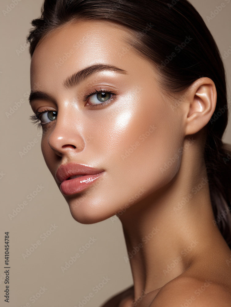 Naklejka premium Beauty portrait of model with natural make-up. Fashion shiny highlighter on skin, sexy gloss lips make-up 
