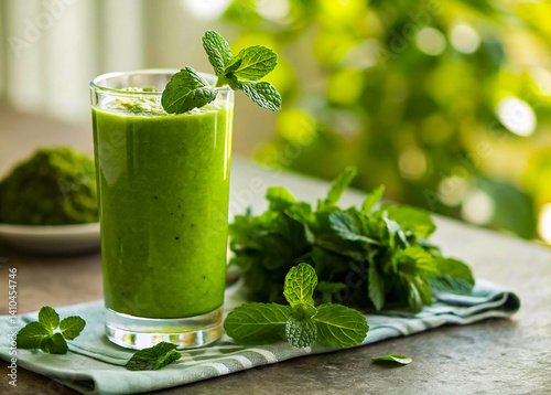 Fresh green smoothie a healthy spinach and mint drink in a glass