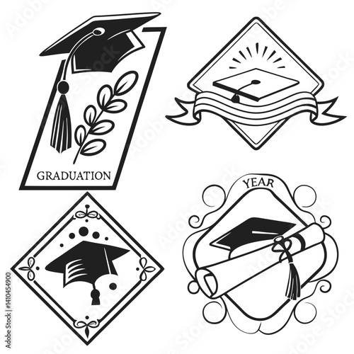 Elegant Graduation Caps And Diploma Emblems For Graduation Season Vector Set