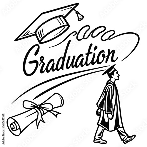 Graduation Concept With Cap,Diploma And Graduate Student In Vector Line Art