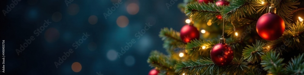 Fototapeta premium Christmas tree decorated with lights and ornaments, Ornaments, Decorations, Greenery
