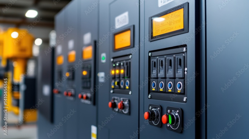 Control Panel Machinery Display with Switches and Dials in Industrial Warehouse Environment
