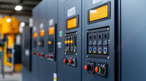 Obraz na płótnie Control Panel Machinery Display with Switches and Dials in Industrial Warehouse Environment w salonie