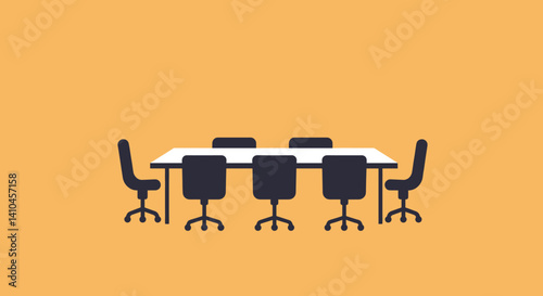 A clean and minimalistic vector illustration of a modern conference table with six ergonomic swivel chairs