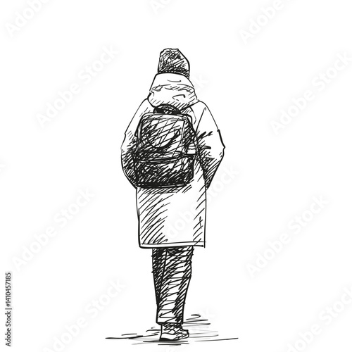 Hand-drawn vector illustration of person walking away in winter clothes with a backpack. Black and white sketch with shading, isolated on white background. Ideal for urban lifestyle, travel, solitude
