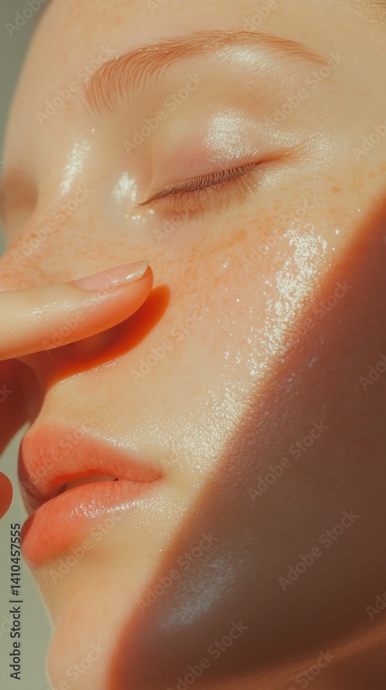 Fototapeta premium Close-up of a woman's hand applying toner for glowing skin in natural light with a soft-focus background and radiant complexion Generative AI
