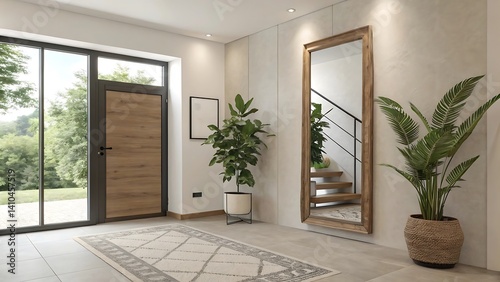 Modern Entryway Interior Design With Mirror Plants And Geometric Rug