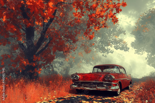 Red car parked in field with autumn leaves.