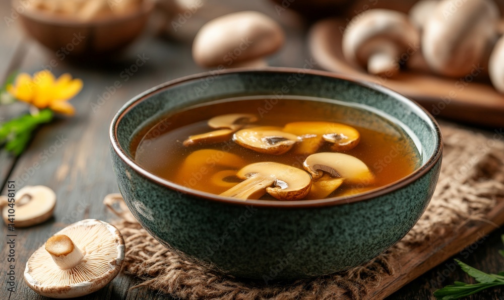 A bowl of clear mushroom soup with sliced mushrooms, garnished with fresh herbs on a rustic wooden table. A bowl of clear mushroom soup with sliced mushrooms, garnished with fresh herbs on a rustic wooden table.