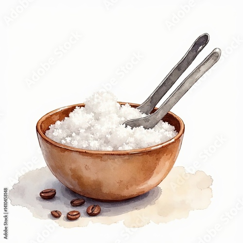Stylized watercolor illustration of sugar in a bowl with tongs and coffee beans.