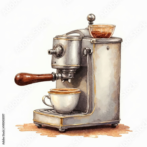 Stylized botanical watercolor illustration of a vintage espresso machine with portafilter on white background.