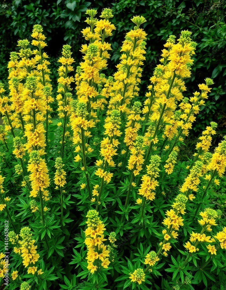 Obraz premium Bushy upright stems densely covered in vibrant green leaves and clusters of tiny yellow flowers, floral, botany, macro
