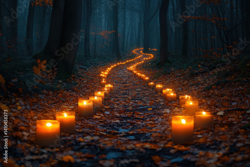 Candles softly illuminate a mystical grove, casting gentle shadows on trees, creating a serene atmosphere perfect for contemplation.
