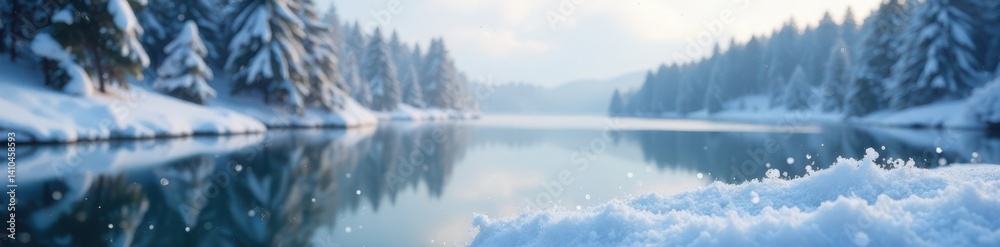 Fototapeta premium Snowflakes gently falling on a quiet snow-covered lake, calm, snowflakes