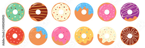 Large set of donuts in multicolored glaze with sprinkles. Assorted colorful doughnuts. Tasty donut set isolated on white background for cafe decoration or menu design