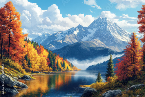 A serene mountain lake nestled among lush trees in a calming landscape painting.