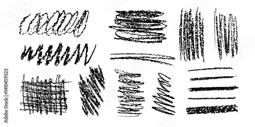Various textures created with black charcoal hatch lines on white background