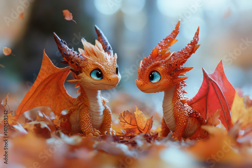 Two small dragons sitting on top of leaves, set against a vibrant forest backdrop.