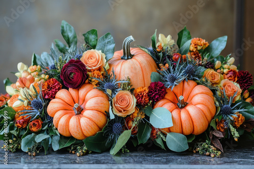 Bouquet of pumpkins and flowers in rustic setting, autumn decor for festive table centerpiece.