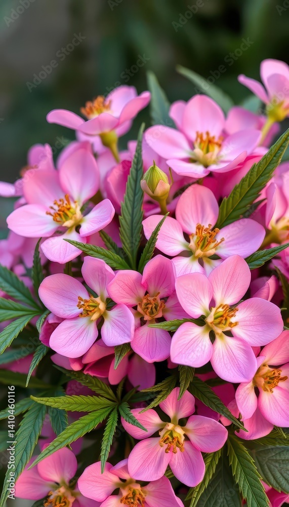 Delicate pink flowers and cannabis leaves artfully arranged in a charming bouquet, petals, buds Delicate pink flowers and cannabis leaves artfully arranged in a charming bouquet, petals, buds